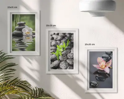 Posterpaket fridfull zenkomposition av stenar och blommor på vatten