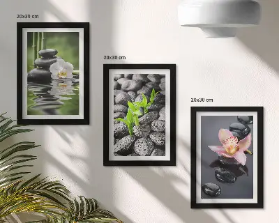 Posterpaket fridfull zenkomposition av stenar och blommor på vatten