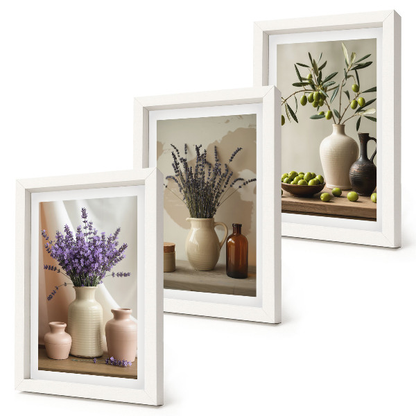 Triptyk tavla med ram Lavendelblommor, oliver och keramiska kärl