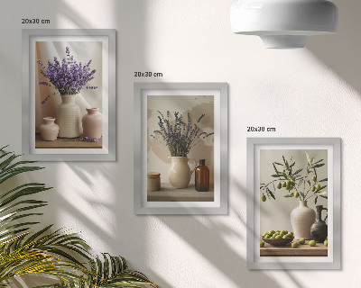 Triptyk tavla med ram Lavendelblommor, oliver och keramiska kärl