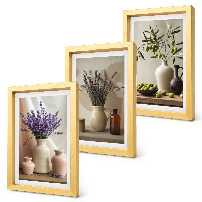 Triptyk tavla med ram Lavendelblommor, oliver och keramiska kärl