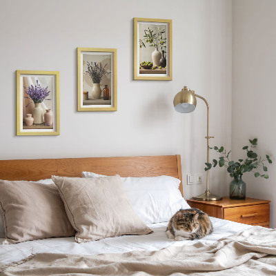 Triptyk tavla med ram Lavendelblommor, oliver och keramiska kärl