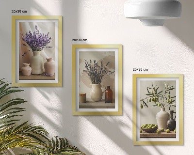 Triptyk tavla med ram Lavendelblommor, oliver och keramiska kärl