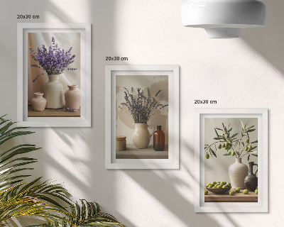 Triptyk tavla med ram Lavendelblommor, oliver och keramiska kärl