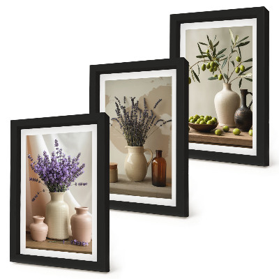 Triptyk tavla med ram Lavendelblommor, oliver och keramiska kärl