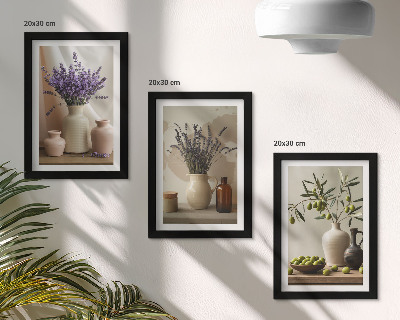 Triptyk tavla med ram Lavendelblommor, oliver och keramiska kärl