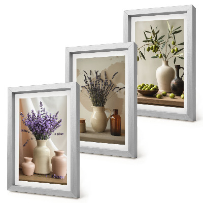 Triptyk tavla med ram Lavendelblommor, oliver och keramiska kärl