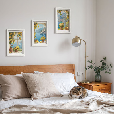 Triptyk tavla med ram Havslandskap med italienska citroner i fönstren