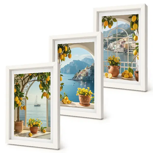 Tavelvägg med 3 tavlor med motiv av citroner och blommor i krukor vid kusten