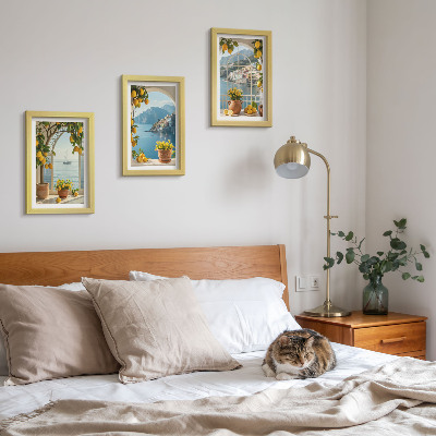 Tavelvägg med 3 tavlor Citroner och blommor i krukor vid kusten