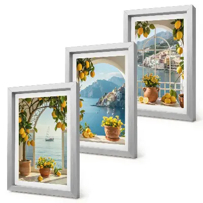 Tavelvägg med 3 tavlor med motiv av citroner och blommor i krukor vid kusten