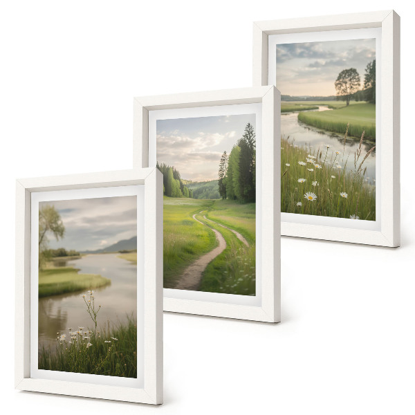 Triptyk tavla med ram Lugnt sommarlandskap med en flod och en äng av blommor