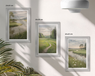 Triptyk tavla med ram Lugnt sommarlandskap med en flod och en äng av blommor