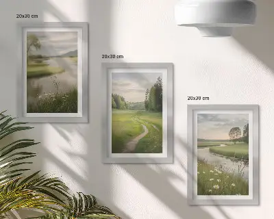 Triptyk tavla med ram lugnt sommarlandskap med en flod och en blomsteräng