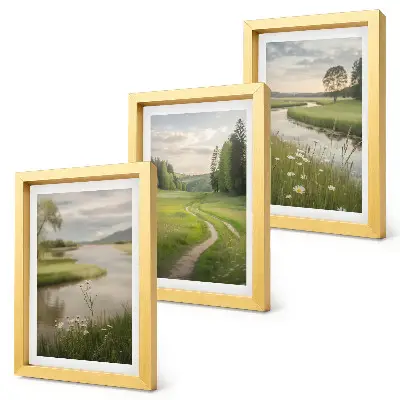 Triptyk tavla med ram lugnt sommarlandskap med en flod och en blomsteräng