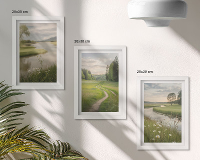 Triptyk tavla med ram Lugnt sommarlandskap med en flod och en äng av blommor