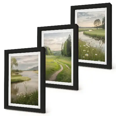 Triptyk tavla med ram lugnt sommarlandskap med en flod och en blomsteräng