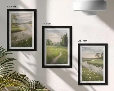 Triptyk tavla med ram lugnt sommarlandskap med en flod och en blomsteräng