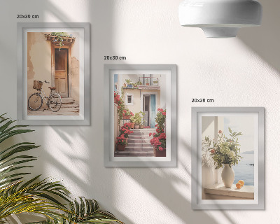 Triptyk tavla med ram Charmiga kustgator med blommor och cyklar