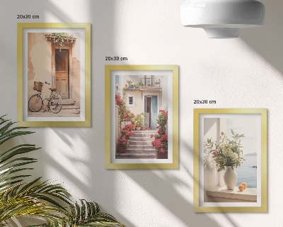 Triptyk tavla med ram Charmiga kustgator med blommor och cyklar