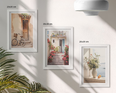 Triptyk tavla med ram Charmiga kustgator med blommor och cyklar