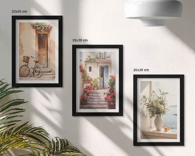 Triptyk tavla med ram Charmiga kustgator med blommor och cyklar