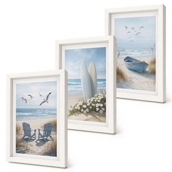 Posterpaket Strand med surfbrädor, båtar och fåglar