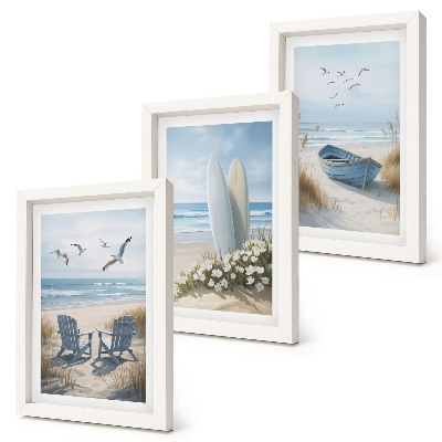 Posterpaket Strand med surfbrädor, båtar och fåglar