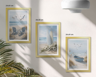 Posterpaket Strand med surfbrädor, båtar och fåglar