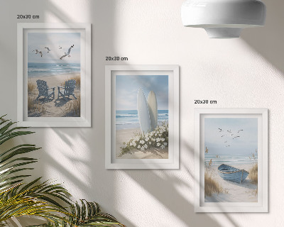 Posterpaket Strand med surfbrädor, båtar och fåglar