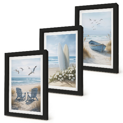 Posterpaket Strand med surfbrädor, båtar och fåglar