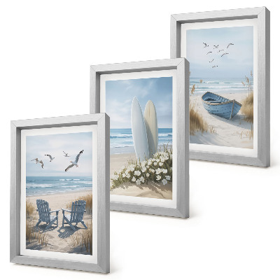 Posterpaket Strand med surfbrädor, båtar och fåglar