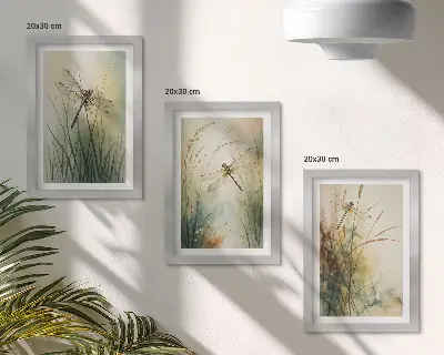 Triptyk med målade gräs och trollsländor vid vattnet tavla med ram