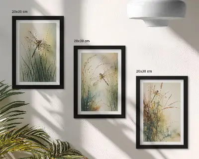 Triptyk med målade gräs och trollsländor vid vattnet tavla med ram