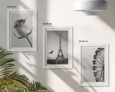 Triptyk med Eiffeltornet och pariserhjulet tavla med ram och monokromt motiv