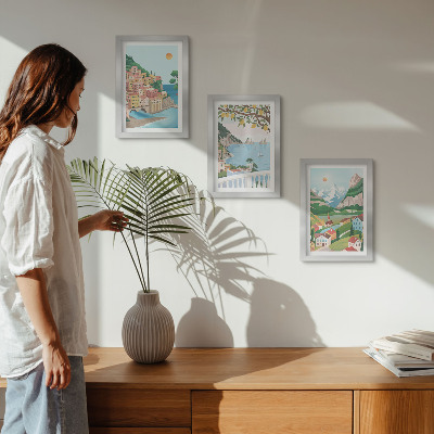 Triptyk tavla med ram Havsutsikt med pastellfärgade hus