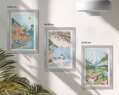 Triptyk tavla med ram Havsutsikt med pastellfärgade hus