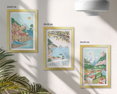 Triptyk tavla med ram Havsutsikt med pastellfärgade hus
