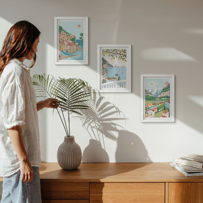 Triptyk tavla med ram Havsutsikt med pastellfärgade hus