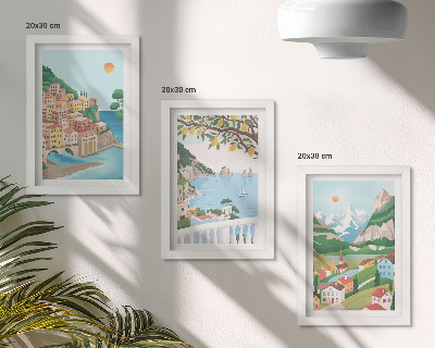 Triptyk tavla med ram Havsutsikt med pastellfärgade hus