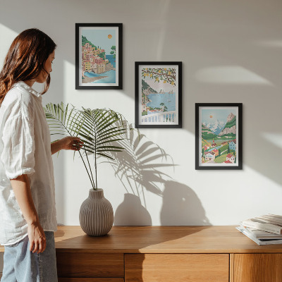 Triptyk tavla med ram Havsutsikt med pastellfärgade hus