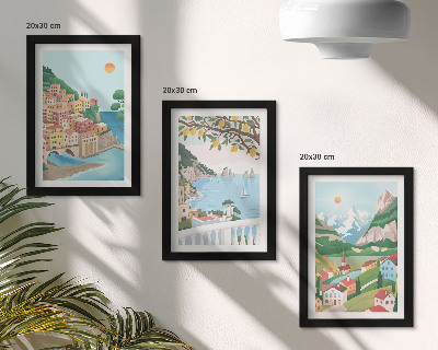 Triptyk tavla med ram Havsutsikt med pastellfärgade hus