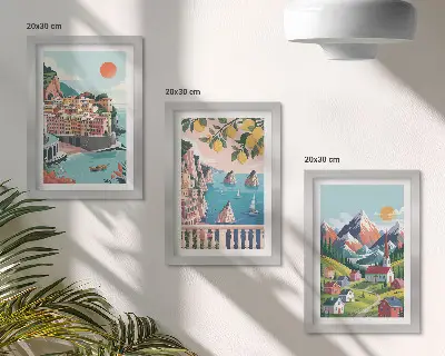 Tavelvägg med 3 tavlor med motiv av färgglada bergslandskap och kuststäder