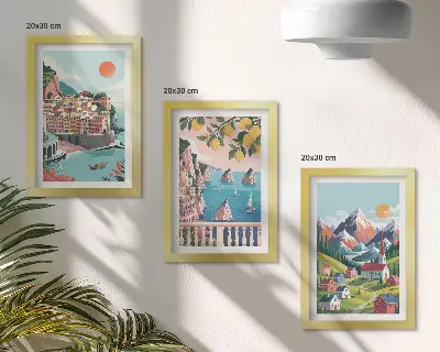 Tavelvägg med 3 tavlor med motiv av färgglada bergslandskap och kuststäder