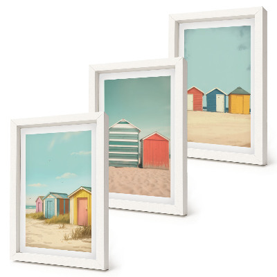 Triptyk tavla med ram Färgglada strandhus i sommarsolen