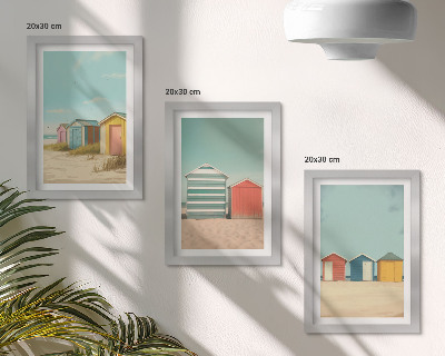 Triptyk tavla med ram Färgglada strandhus i sommarsolen