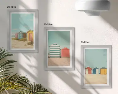 Triptyk med tavlor i ram motiv av färgglada strandhus i sommarsolen