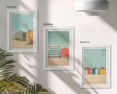 Triptyk tavla med ram Färgglada strandhus i sommarsolen