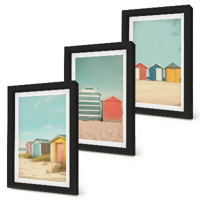 Triptyk tavla med ram Färgglada strandhus i sommarsolen
