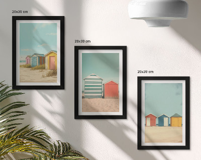 Triptyk tavla med ram Färgglada strandhus i sommarsolen